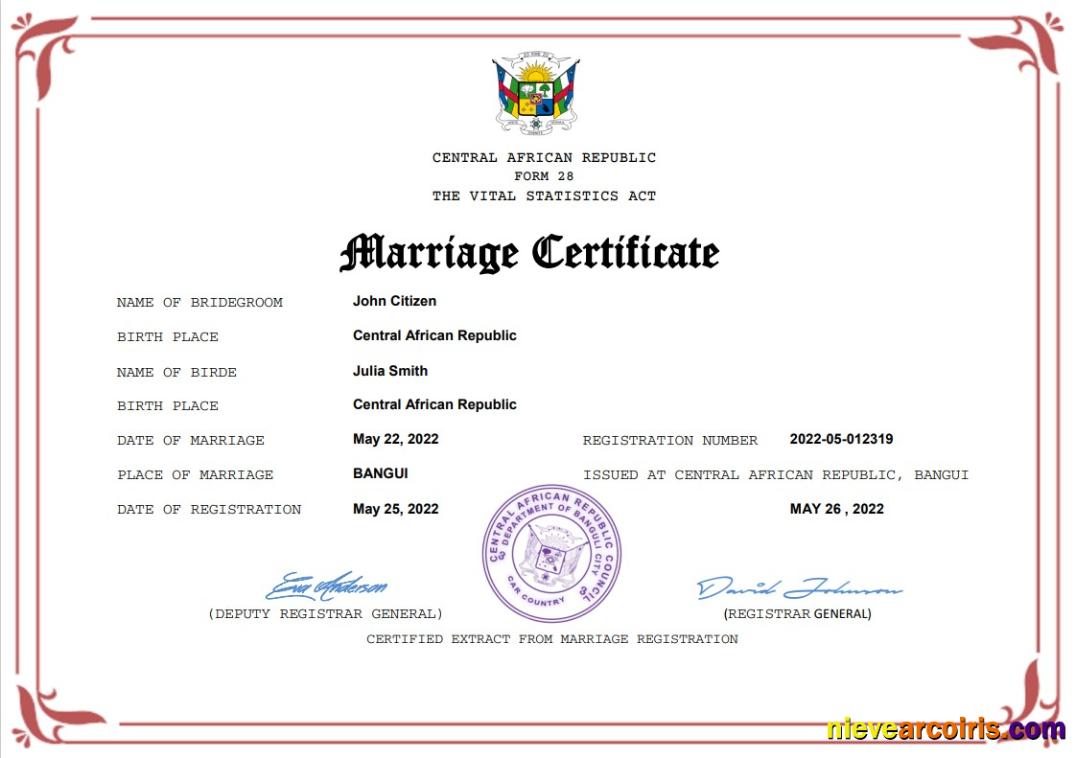 Central African Republic marriage certificate